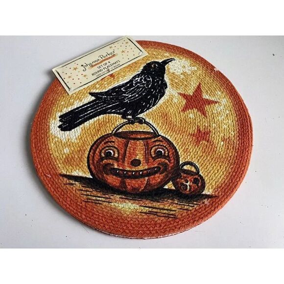 Set Of 4 Johanna Parker Halloween VTG Style Crow Pumpkin Braided Placemats NEW - Picture 1 of 10